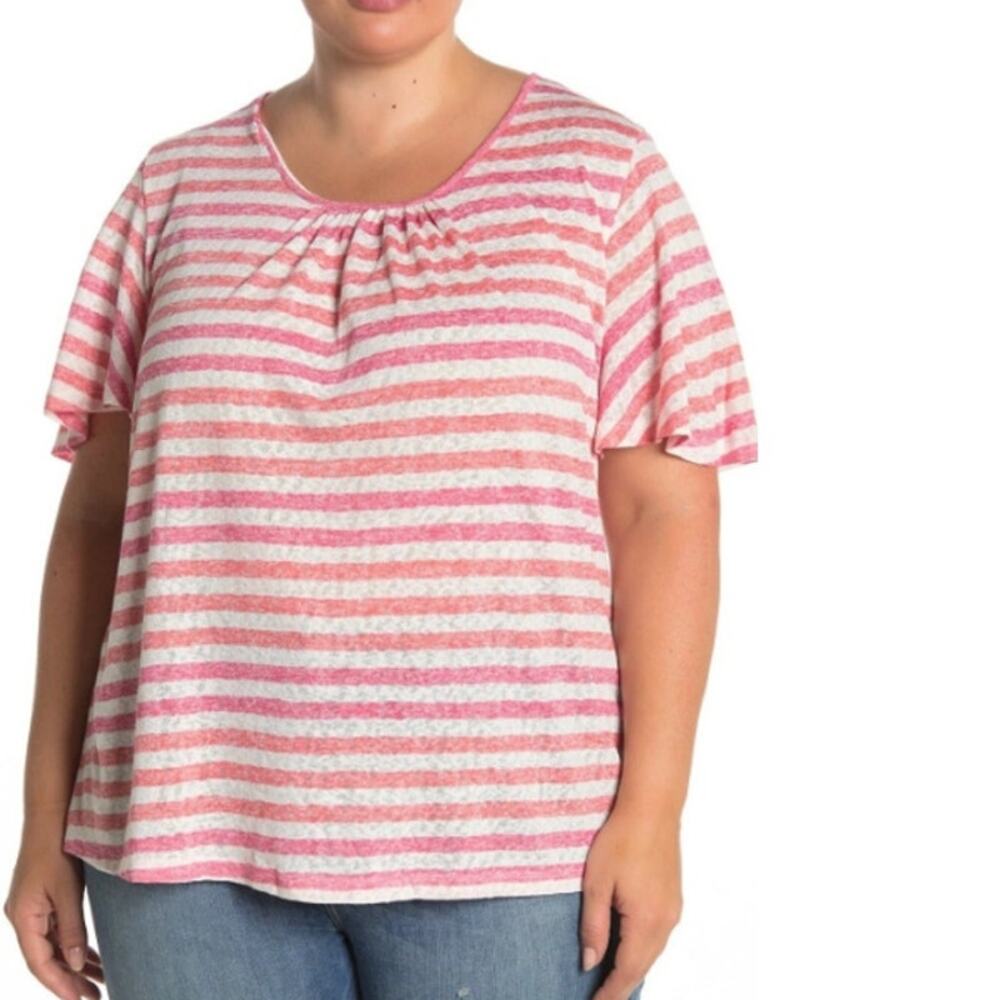 bobeau Size 1x Striped Curvy Emile Scoop Neck Blouse Coral Cream Casual Travel